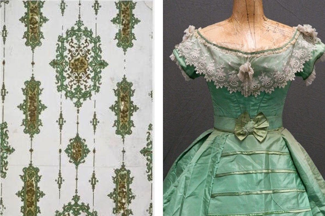 Рисунок на обоях и ткань платья - все окрашено пигментом на основе мышьяка. Изображения из свободного доступа. 