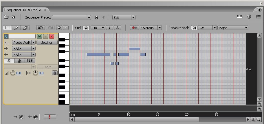 Окно секвенсера в Adobe Audition 3.0. А вот если тыкать мышкой клавиши - звука и нет!