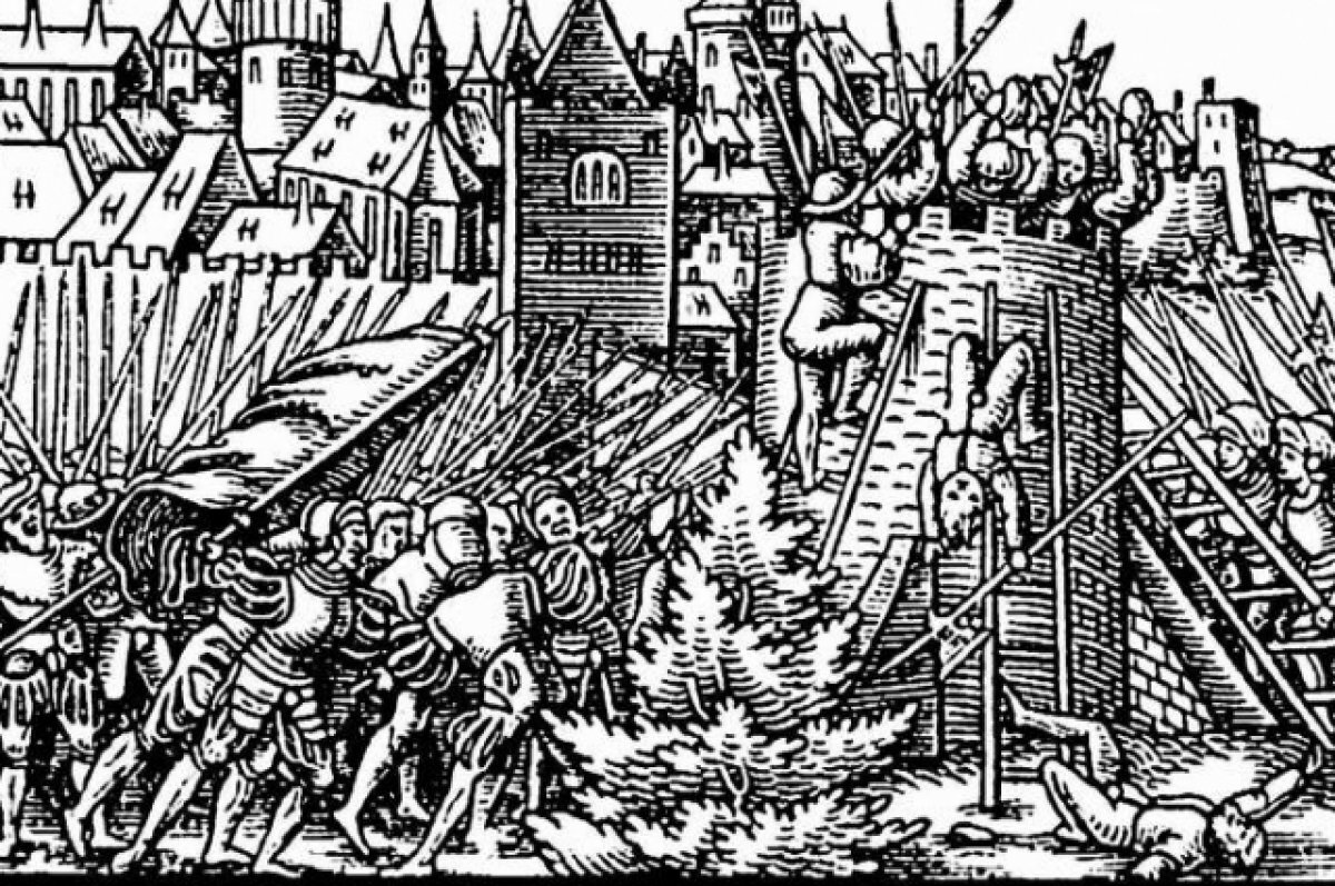    Осада Полоцка в 1563 году, гравюра из аугсбургского «летучего листка». Автор никогда не видел изображений Полоцка, поэтому изобразил типичный европейский город и осаду.