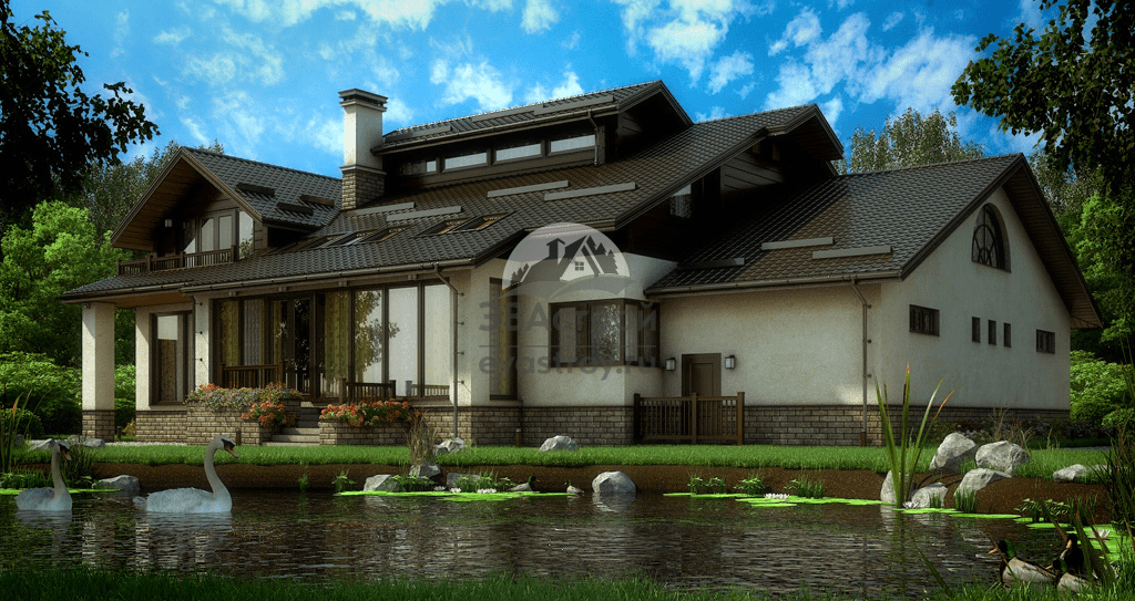 Проект комбинированного дома  466 м2 с гаражом, кабинетом, балконом и террасой - 101-55