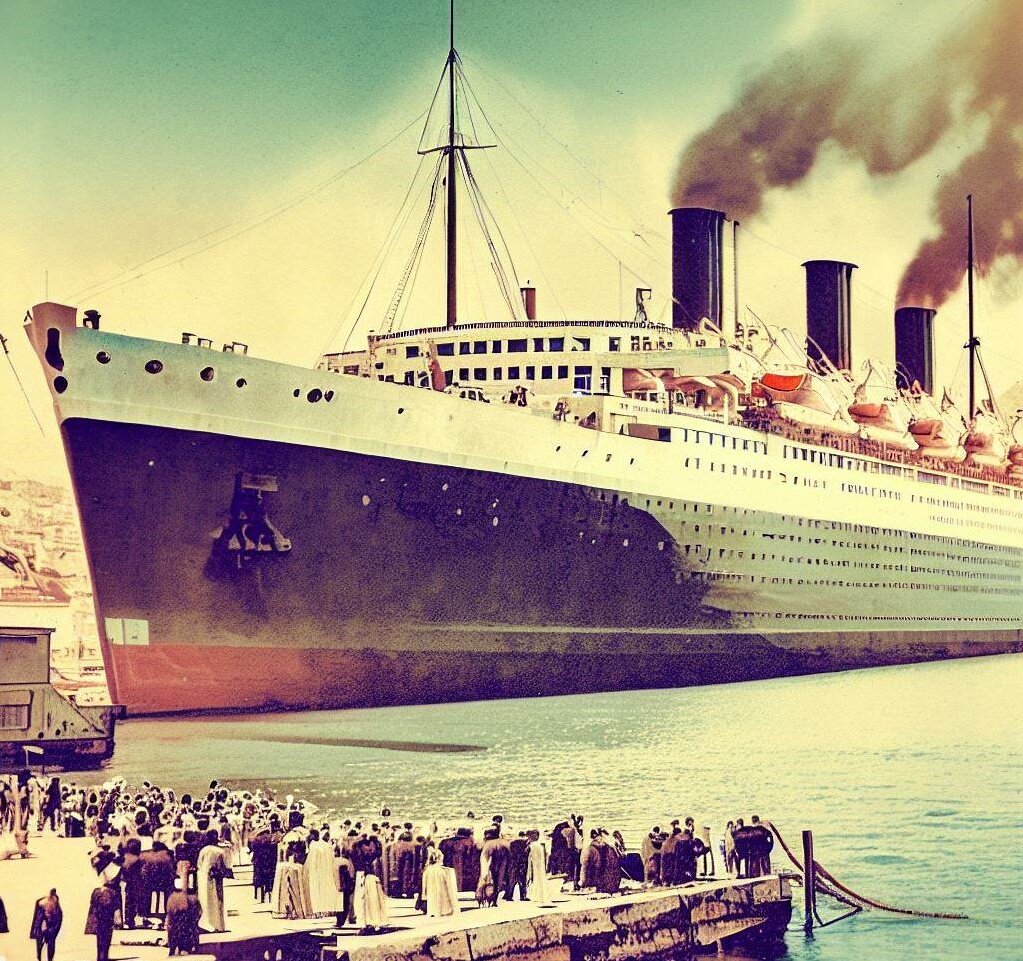 "Contec della  Savoia" в порту Неаполя. Итальянская открытка 20-х годов ХХ века