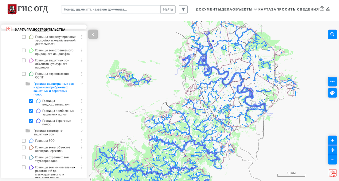 Водоохранные зоны, прибрежные защитные и береговые полосы на карте Государственной информационной системы обеспечения градостроительной деятельности (ГИС ОГД) Москвы