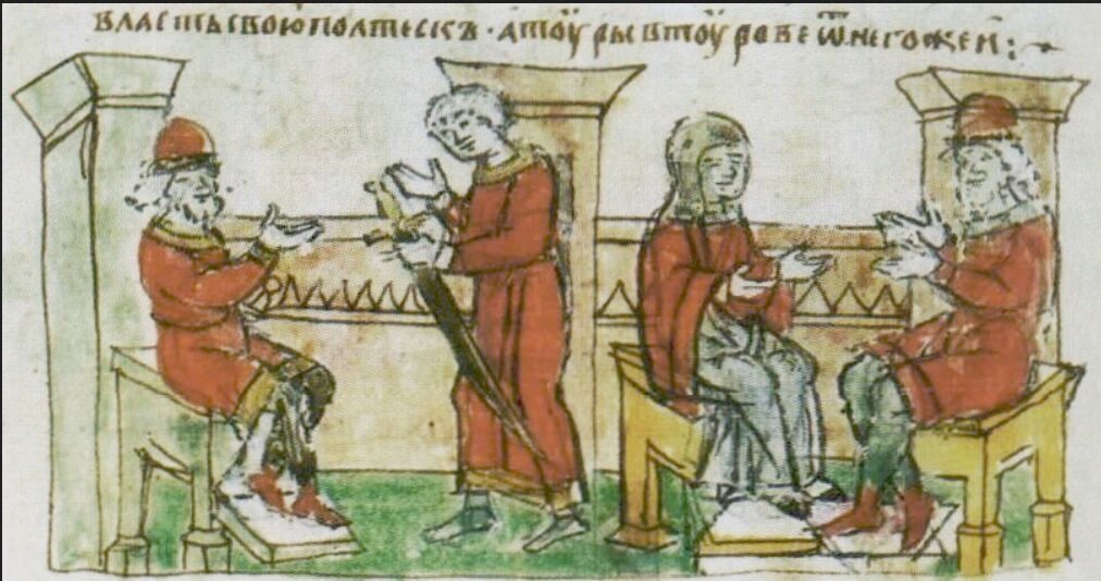 Сваты Владимира Святославича у Рогволода (слева); Рогволод беседует с Рогнедой (справа). Миниатюра Радзивилловской летописи, XV в.