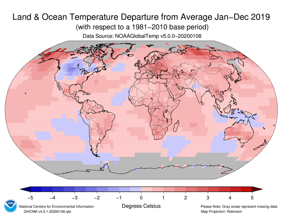 Январь-декабрь 2019 года. Температурные аномалии в градусах Цельсия на суше и морской поверхности