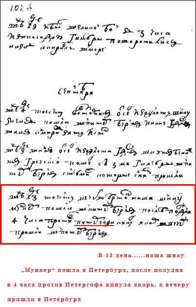 Первая запись о Петергофе из походного журнала Петра I 