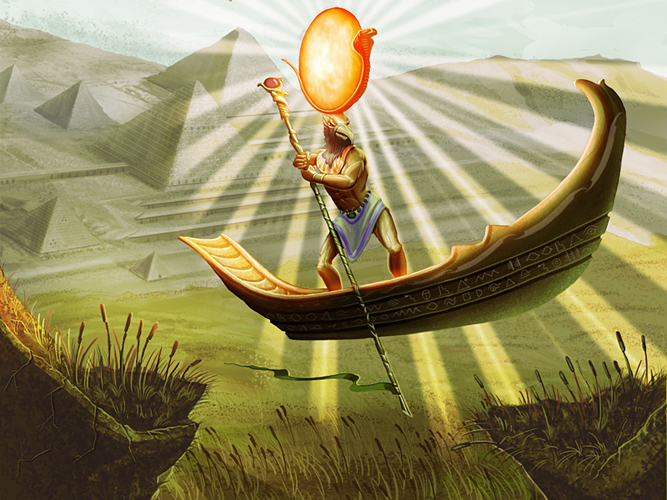 Ра путешествует по дневному небу в ладье. Источник изображения deviantart.com 