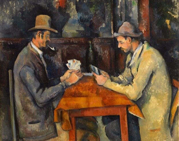 $259 млн. Поль Сезанн «Игроки в карты», 1895
Поль Сезанн «Игроки в карты», 1895  |   Цена продажи — $259 млн 
Цена с учетом инфляции – $273 млн   |  год продажи – 2011, частные торги

Картина «Игроки в карты» была первой в рейтинге «Самые дорогие картины художников мира» до 2015. Полотно купила королевская семья из Катара у греческого судового магната Джорджа Эмбрикоса за целых 259 миллионов долларов. Несколько лет инфляции и цена взлетела до невероятных 273 миллионов.

Эта картина являет собой один из тех классических образов, который вы могли видеть в учебниках по истории искусства, подарочных фотоальбомах и в журналах предметов роскоши. «Игроки в карты» — одна из 5 картин, написанных Сезанном как часть его импрессионистской серии в 90-х годах XIX века. На ней изображены двое мужчин, они сидят за деревянным столом и полностью погружены в карточную игру. Возможно, кому-то будет интересно, что моделями игроков были садовник и работник родового поместья Сезанна.