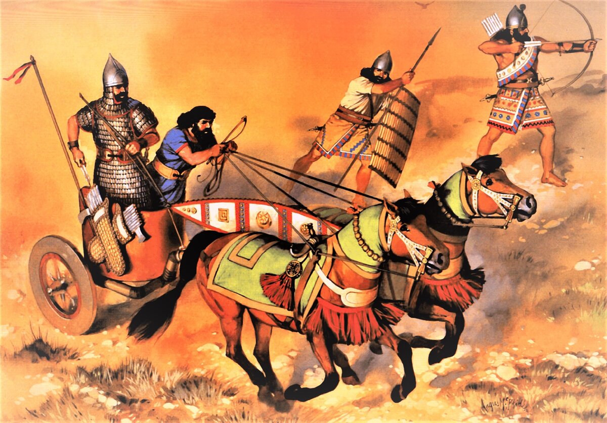 Ассирийская легкая боевая колесница IX в. до н.э., такие использовались в армиях Ашшурнацирапала и Салманасара. Пехотинцы рядом с колесницей – из состава постоянной дружины, что видно по их дорогой одежде и вооружению.