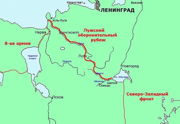 Карта Лужского оборонительного рубежа по состоянию на 13 июля 1941 года.