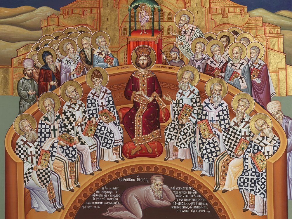 Первый Вселенский Собор, современная фреска. Справа от императора святители Спиридон и Николай. Фото из свободных источников. 