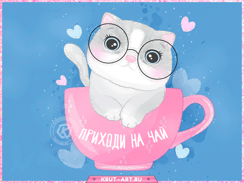 Гиф с котенком в очках и в чашке, который зовет в гости на чай. Оригинальное приглашение в гости на чаепитие
