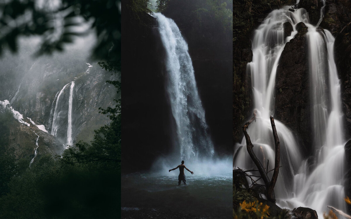 Слева направо: Водопад Поликаря, Водопад Пасть Дракона и водопад Кейва
