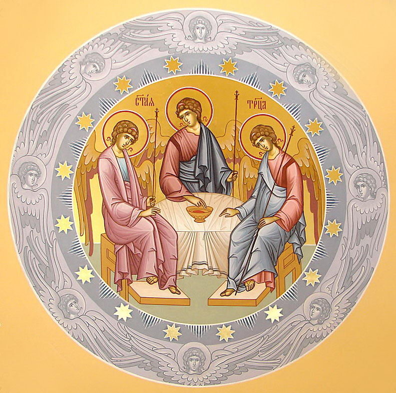 Спас святой дух. Троица икона фреска. Икона Троица Мстера. Икона Святой Троицы. Троица икона роспись храма.