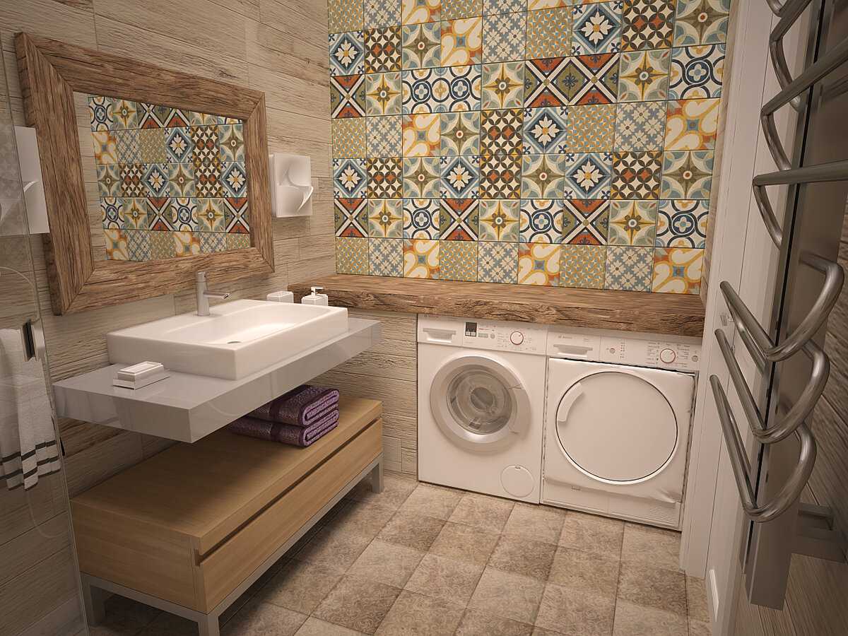 Санузел с плиткой в стиле пэчворк.