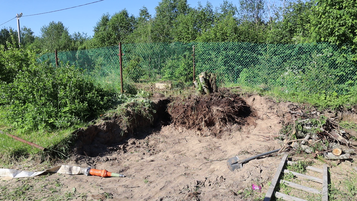 Вот что получилось сделать лопатой, но всё равно корень было не сдвинуть с места.