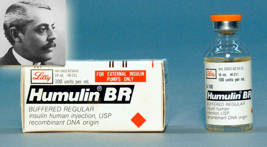Хумулин — человеческий инсулин производства Eli Lilly. Слева вверху — полковник Элай Лилли, основавший Eli Lilly — одну из крупнейших фармацевтических фирм, названную в честь ее основателя. Eli Lilly первой наладила производство и выпуск инсулина животного происхождения (1923 г.), а затем в 1982 году — и первого человеческого (генно-инженерного инсулина).