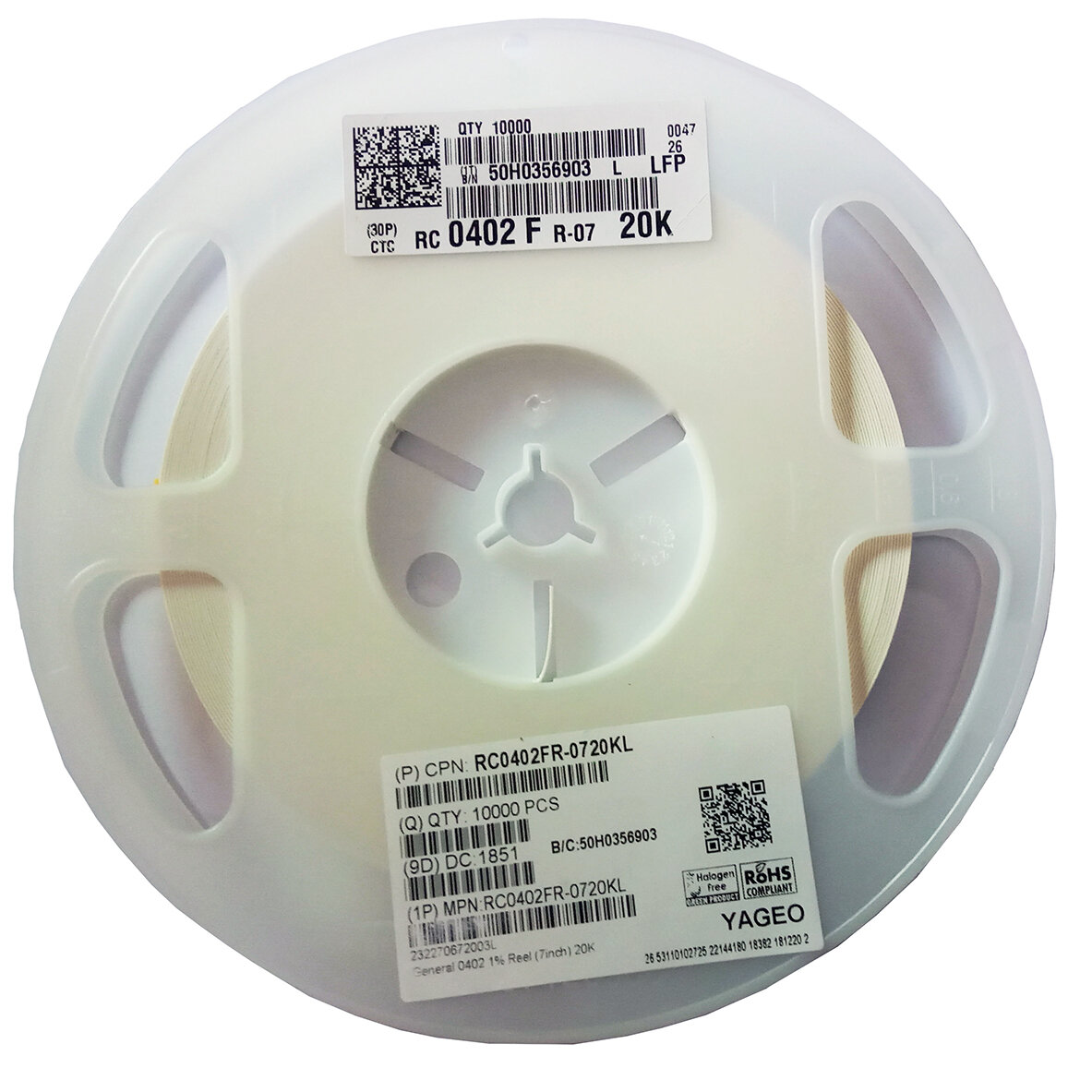 Вы можете заметить несколько различных типов штрих-кодов на одной только катушке с резисторами.  Когда такая катушка приходит на производство электроники, на неё может наноситься ещё один штрих-код, по которому будет вестись внутренний производственный электронный учёт остатков конкретно в этой катушке. У катушки будет свой идентификатор для использования на внутреннем складе производства.