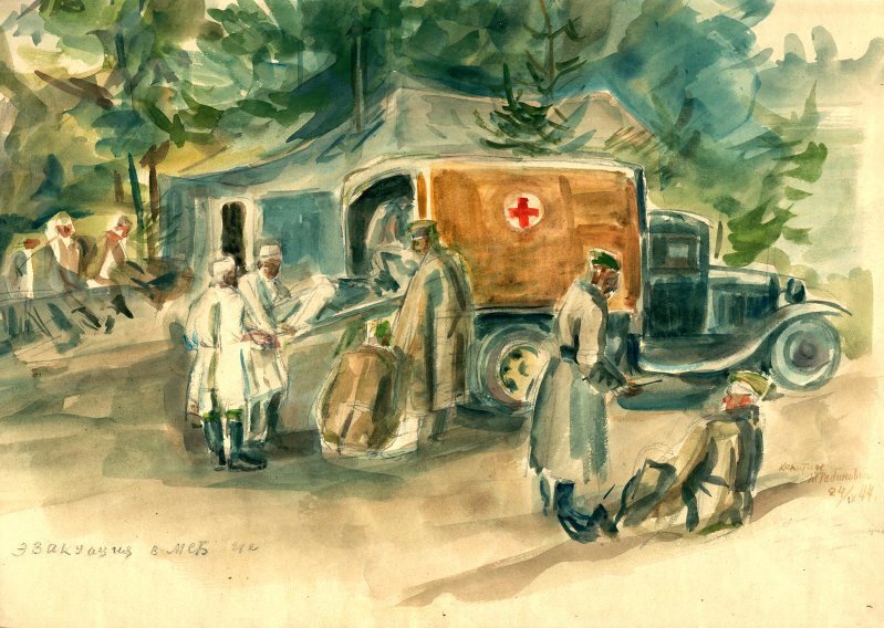 Рабинович Михаил Цезарович Эвакуация раненых в МСБ 282. Рисунок.Период создания:1944г.Местонахождение Федеральное государственное бюджетное учреждение культуры и искусства "Военно-медицинский музей" Министерства обороны Российской Федерации.