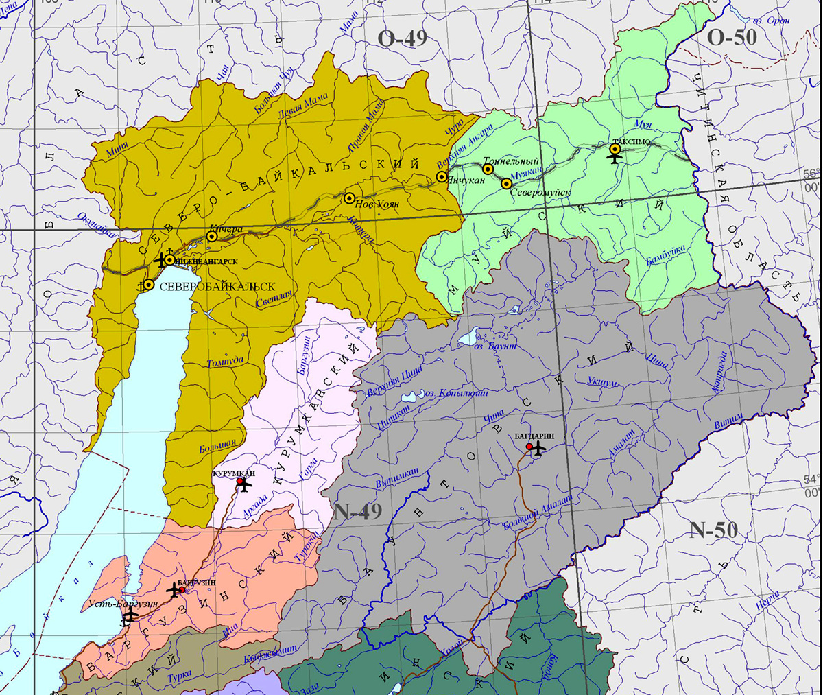 Фрагмент карты административного деления Республики Бурятия в 2009 г. Составлена Управлением по недропользованию РБ.