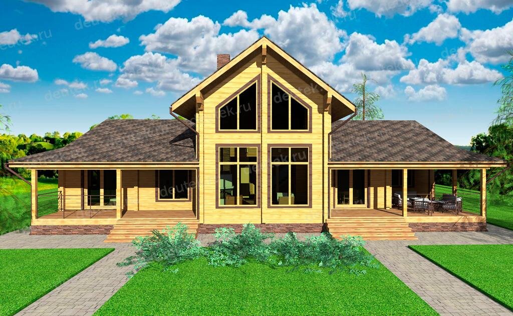 Проект одноэтажного дома 348 м2 из клееного бруса с мансардой, эркером и террасой - DTW0045