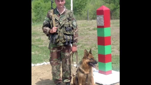 пограничник с собакой на заставе смотрит в бинокль
