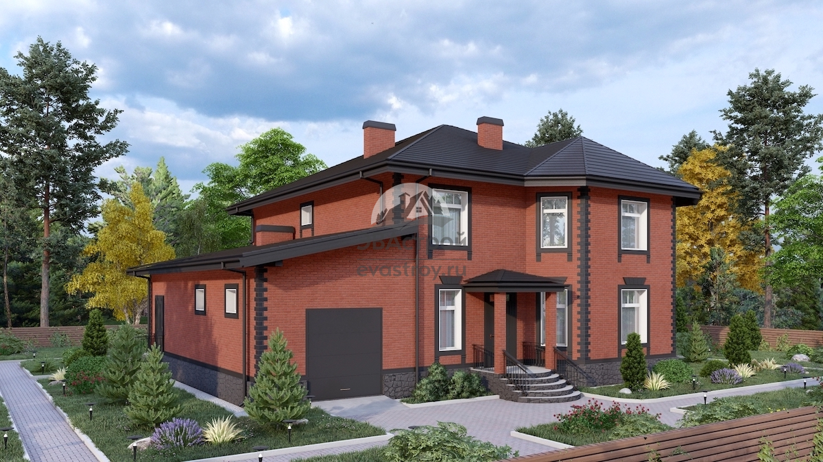 Проект двухэтажного дома 292 м2 из кирпича с гаражом - П192