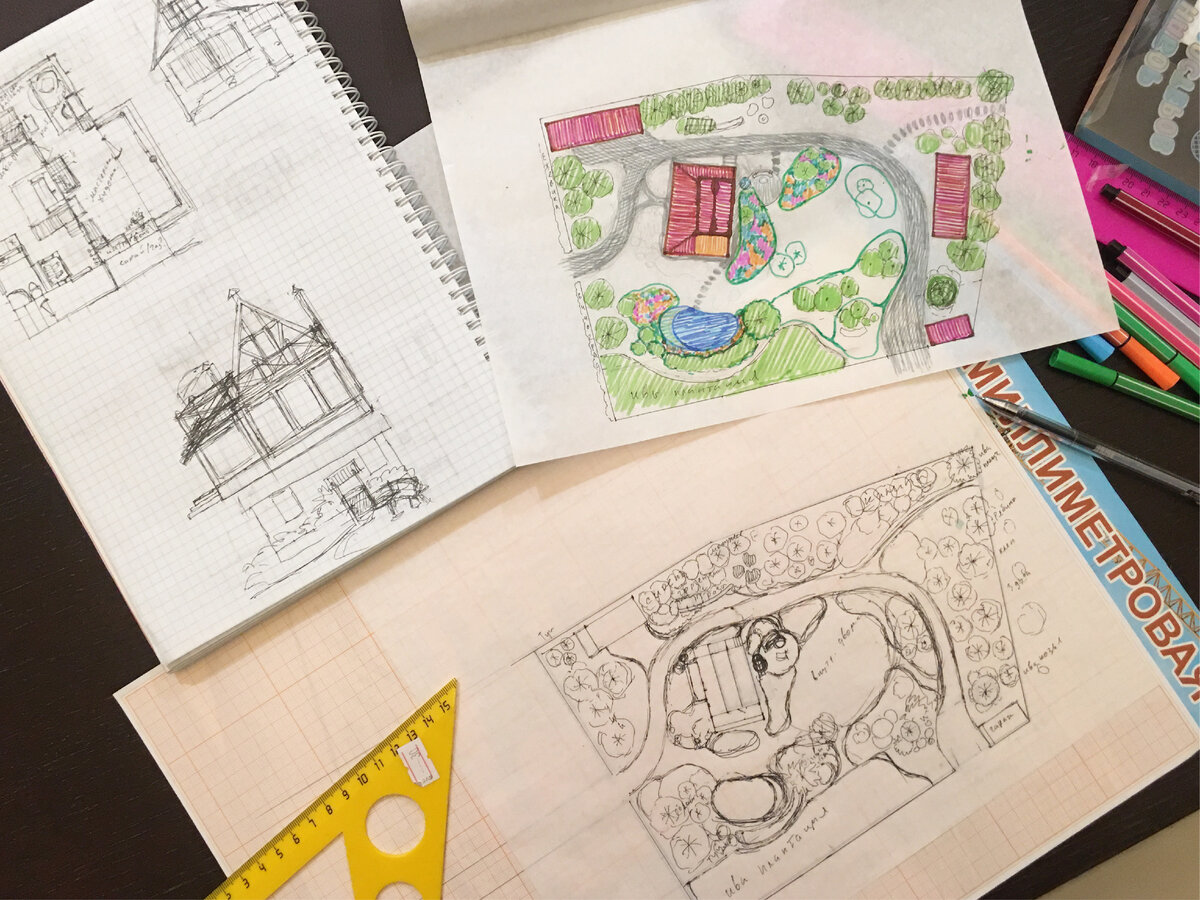 мои поиски решений по одной половине нашего участка. Участок длинный, часть его используется для красоты и жизни (как раз то что на фото), а большая часть носит рациональный технический характер - огород, теплицы, ягодники, курятник и т.п.