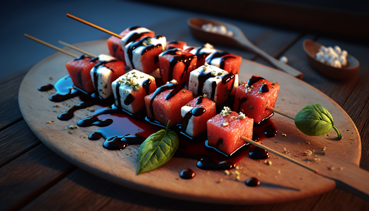 Автор: MidJourney, по описанию: Grilled watermelon and feta skewers with a balsamic glaze, unreal engine 5, --ar 16:9