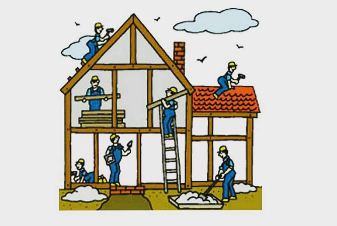 Путешественник решил построить себе дом. Иллюстрация строительство дома. Строим дом рисунок. Картинка как строят дом. Стройка дома рисунок.