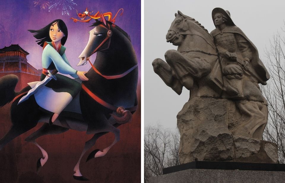Анимационный персонаж Мулан и статуя реальной Хуа Мулан.