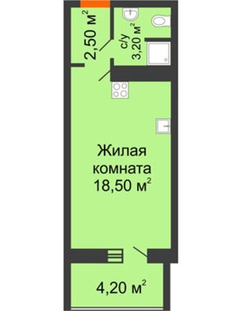Источник изображения https://domostroyrf.ru/samara/novostroyki/samarskaya-oblast/zhk-zhk-yuzhnyy-gorod/dom-dom-6-1/kvartira-studiya-planirovka-id31128
Типичная планировка квартиры-студии в ЖК "Южный Город" г. Самара 