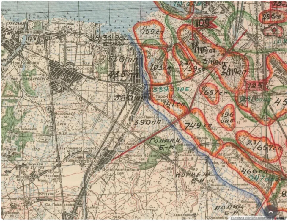 Часть карты Ленинградского фронта с нанесённой обстановкой