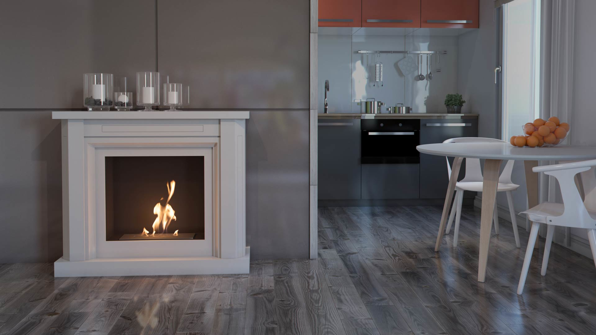 Напольный биокамин в интерьере кухни