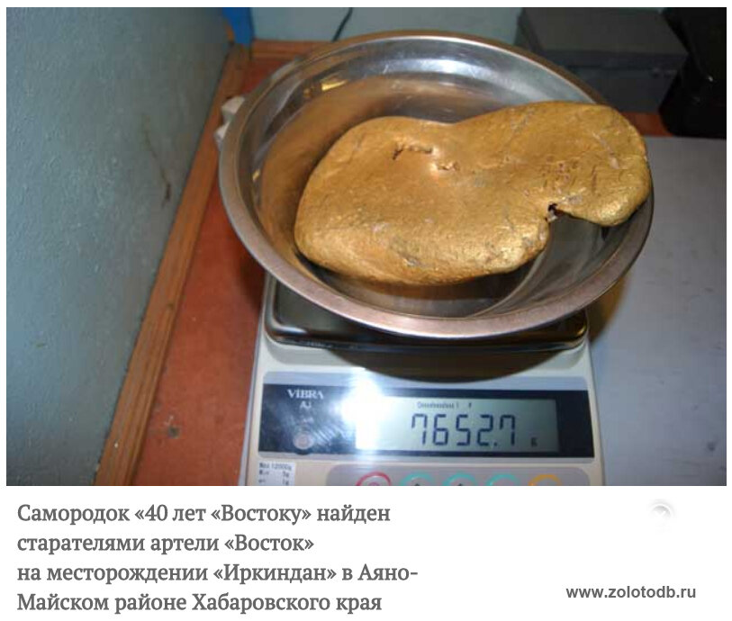 Золотой самородок на весах, масса 7,625 кг добыт в АС «Восток», Хабаровский край.