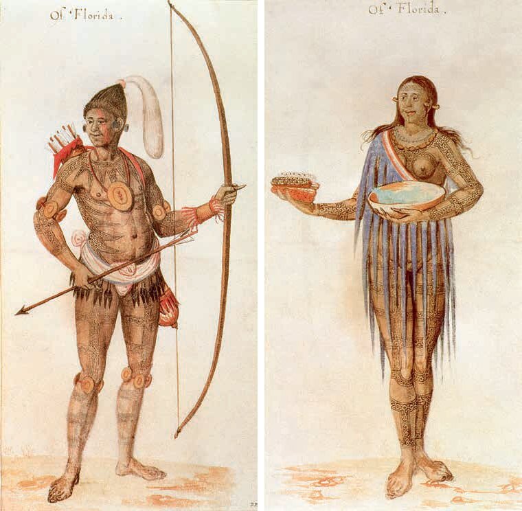 Неизвестный автор «Индейцы Тимукуа во Флориде». Цветная литография по рисункам Джона Уайта XVI века. Частное собрание © ГМИИ им. А.С. Пушкина