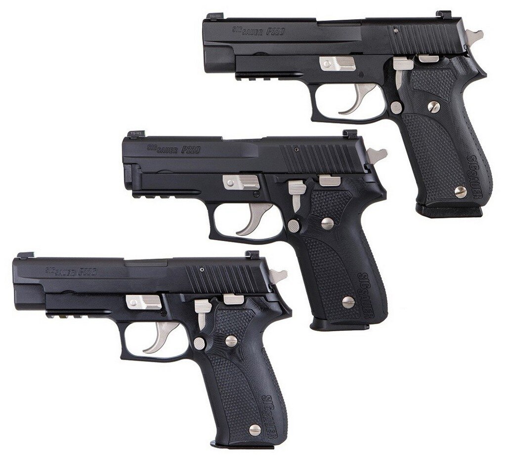 Пистолеты SIG Sauer Р220 (вверху) и P226 серии Nightmare имеют одинаковые габариты, а P229 (в центре) на 16 мм короче