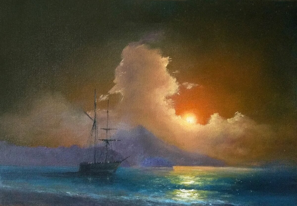 Масло холст. Написал картину по мотивам Айзвазовского. 