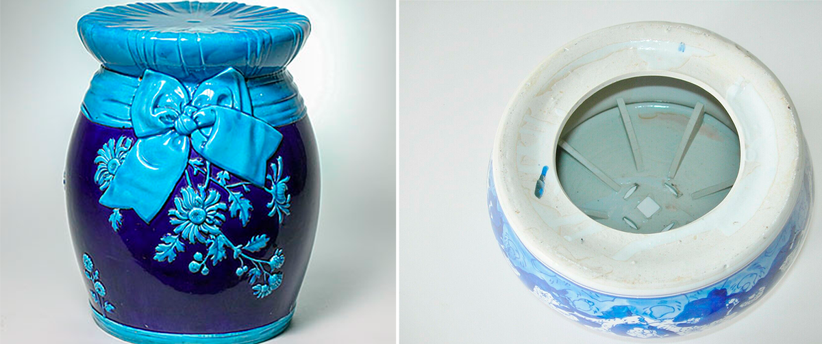 Садовый табурет из майолики. Фото ebay.com и sotbis.com