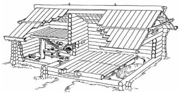 Древнерусское жилище второй половины XIII в. на Куликовом поле. Селище Монастырщино-5. Реконструкция М. И. Гоняного и А. В. Шишкова