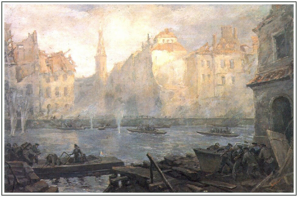 1945, 23 апреля - Корабли и катера Днепровской военной флотилии приступили к переправе советских войск через Шпрее. (Худ. В.В. Морозов).