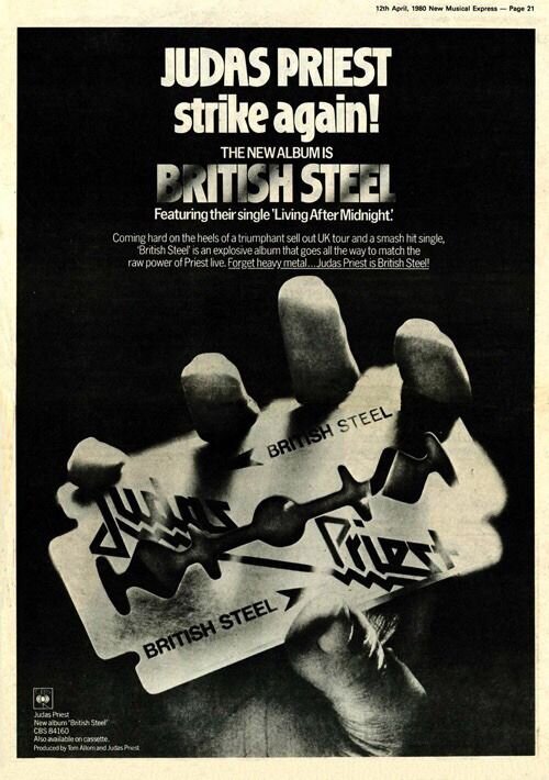 Страница из журнала New Musical Express с рекламой альбома Judas Priest – British Steel (1980). 