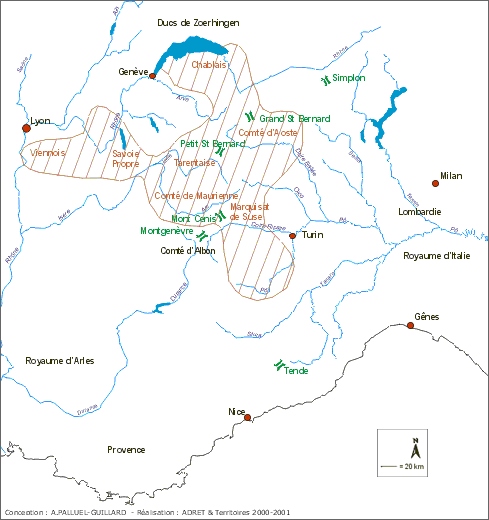 XIII век, земли графства сафойского. Карта от Assemblée des Pays de Savoie