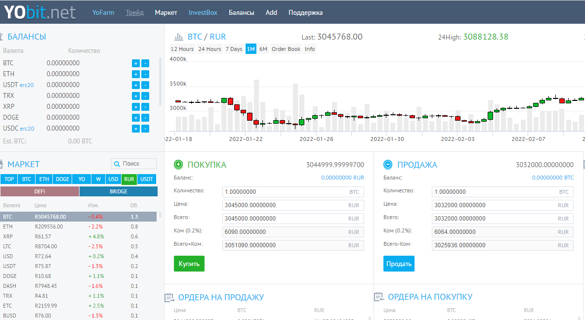 внешний интерфейс биржи Yobit