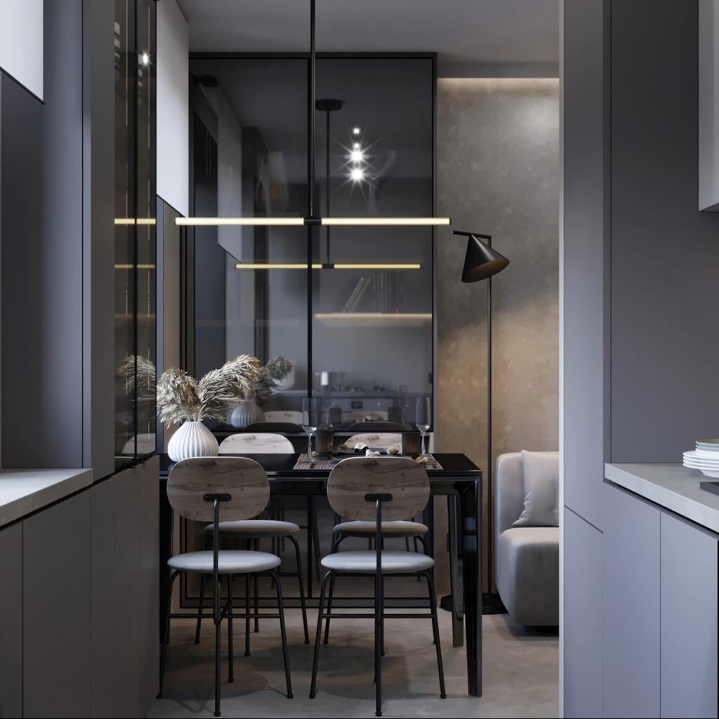 Этот современный интерьер небольшой кухни-гостиной в «сталинке» созданный дизайнером Сергеем Мелешенко не только красив, но и очень функционален. Дизайнер продумал до мелочей функциональное рабочее пространство кухни и комфортную зону гостиной.