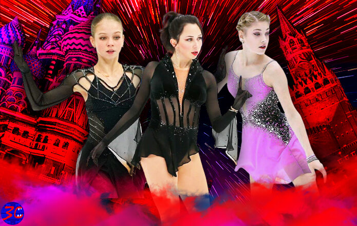 Александра Трусова, Елизавета Туктамышева и Алёна Косторная (коллаж автора, источник - 1tv.ru/sport)