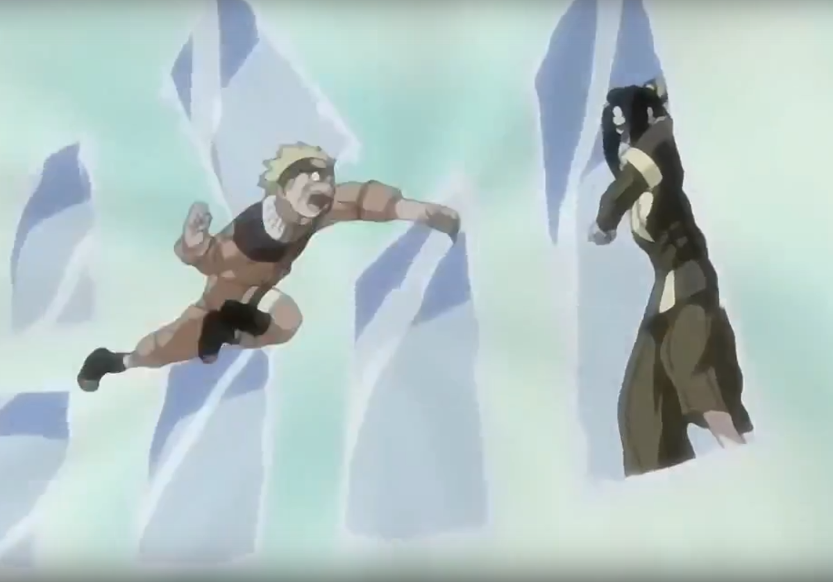 Наруто несётся на зеркало, в котором видит Хаку и разбивает его вдребезги