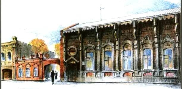 Закругленные сандрики увенчивались резными вазами с цветами.  Рисунок В.Г. Каркарьяна