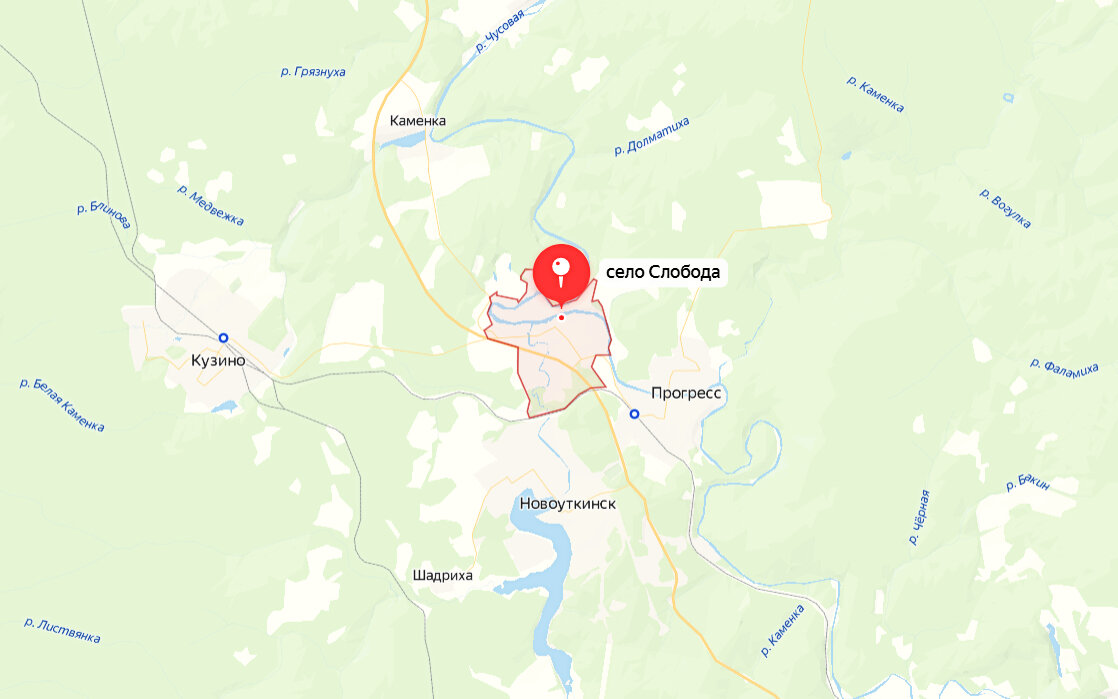 Село Слобода в окружении Новоуткинска, Прогресса и Кузино. Скриншот: Яндекс.Карты