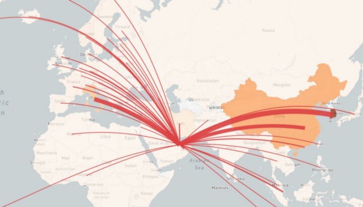 Инфографика рисков импорта коронавируса в ОАЭ из разных стран мира 29 февраля 2020. Источник: https://www.rand.org/pubs/research_reports/RRA248-5.html