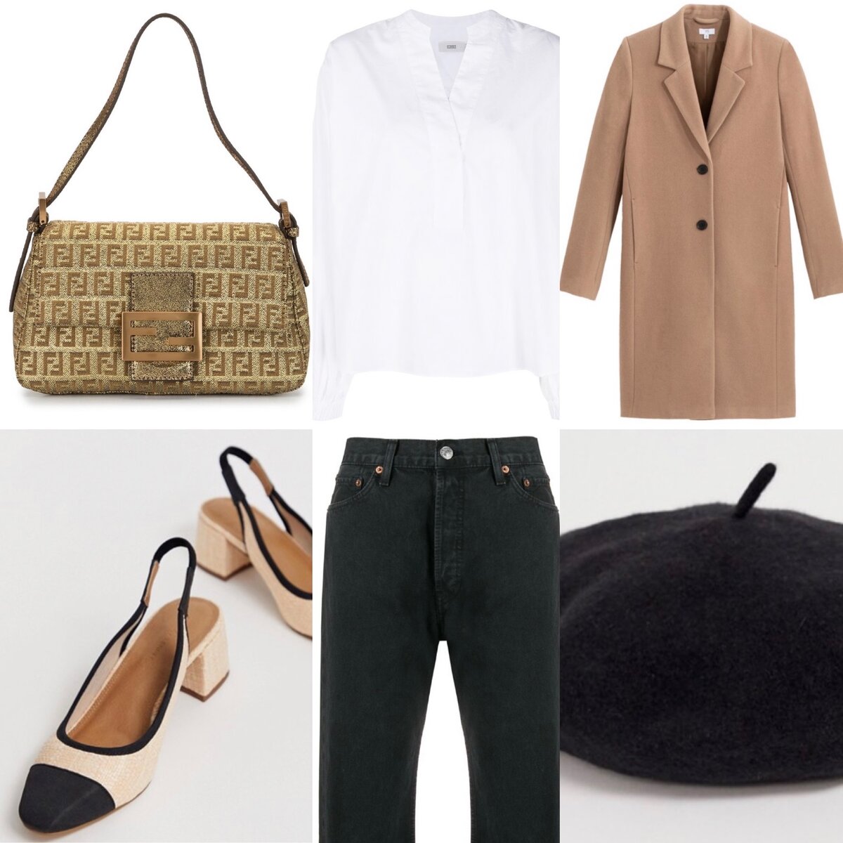 Коллаж автора (Сумка Fendi, цена 58.954 руб. (www.farfetch.com), блузка Closed, цена 6844 руб (www.farfetch.com), джинсы Redone, цена 15468 руб (www.farfetch.com), пальто , цена 8504,30 руб ( www.laredoute.com), берет ASOS Design, цена 890 руб ( www.asos.com)